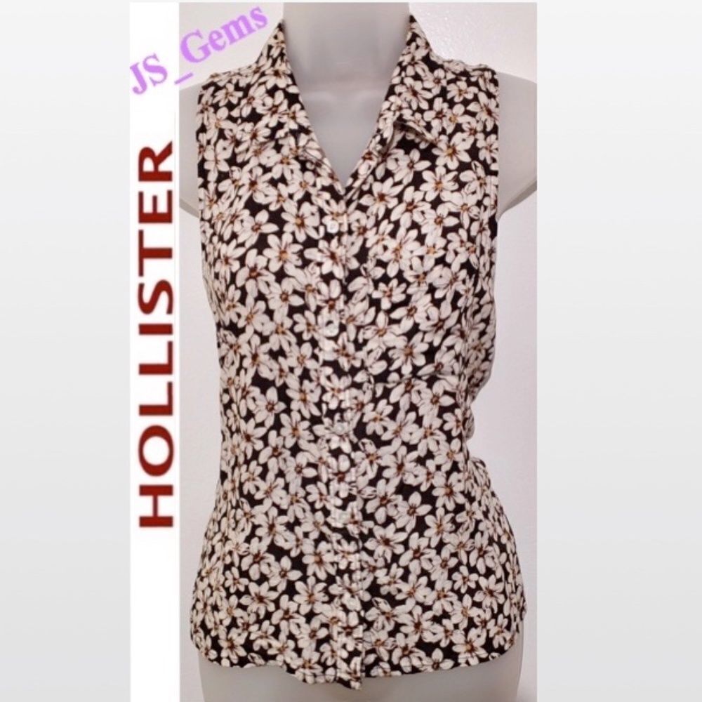 Hollister Top Womens Small Sleeveless Button Down Black White Floral Racer Back